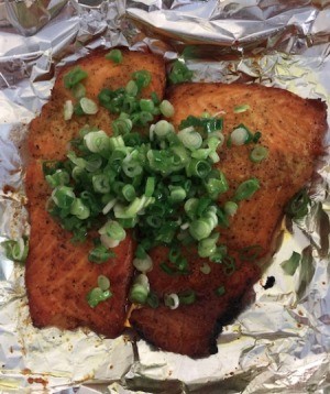 Toaster Oven Baked Salmon covered with green onions