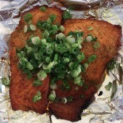 Toaster Oven Baked Salmon covered with green onions