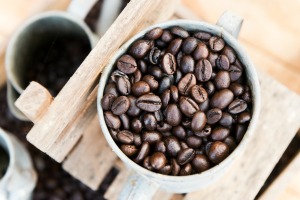 A cup of fresh coffee beans.