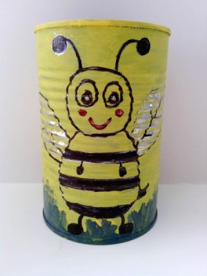 Recycled Bumblebee Can - yellow painted can with bumblebee motif