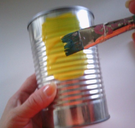 Recycled Bumblebee Can - painting a food can with yellow paint