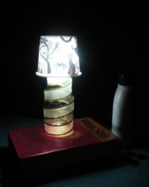 Recycled Noodle Cup Lamp - lit lamp in dark room