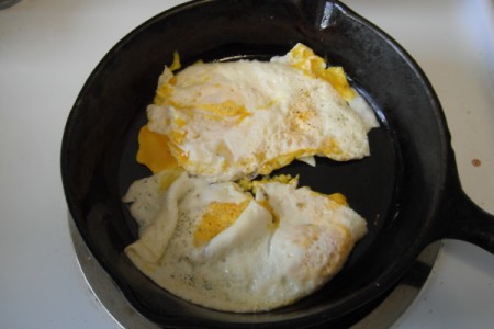 eggs cooking in pan