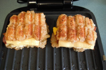 Tator Tot Breakfast Sandwiches on grill