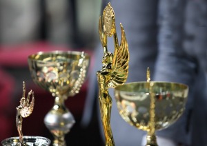 A collection of sports trophies.