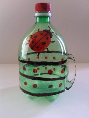 Recycled Soda Bottle Cup - finished lidded cup with ladybug motif
