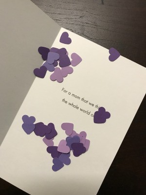 Make Confetti from Scrap Paper card with purple heart shaped confetti