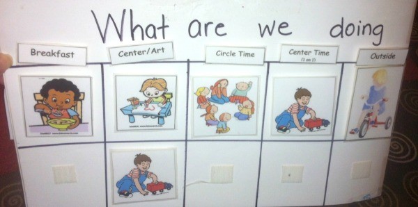 The first half of a preschool daily activity chart.