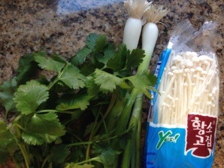 cilantro, green onions and enoki Mushrooms