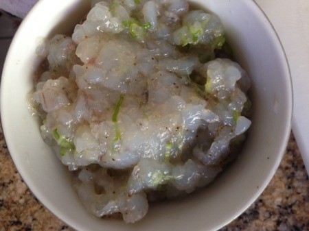 shrimp, cilantro and smashed in bowl