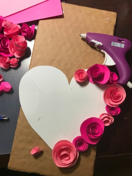 Hanging Floral Heart - glueing flowers around the outside edge of heart