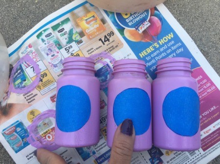 Mother's Day Pill Bottle Vases - stick tape circles to completely dry bottles