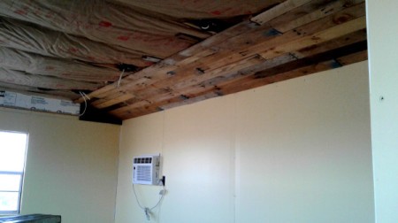 Pallet Wood Ceiling - beginning to nail up slats