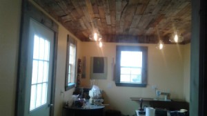 Pallet Wood Ceiling - finished with lightening and view of the room as well