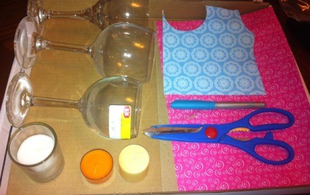 Wine Glass Candle Holders - glasses, paper, glue, scissors, etc.