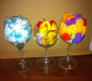 Wine Glass Candle Holders - turn glasses right side up and fill with faux flowers of your choice