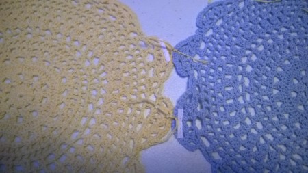 Table Cover Using Store Bought Doilies - tie together and trim the crochet thread