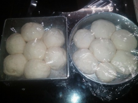 No Knead Bread balls risen in pans