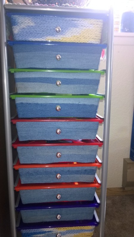Refurbishing a Neon Drawer Unit for My Kitchen - finished yarn and denim wrapped drawer unit