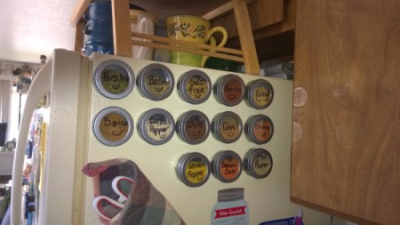 A collection of magnetic spice containers on the side of the fridge.