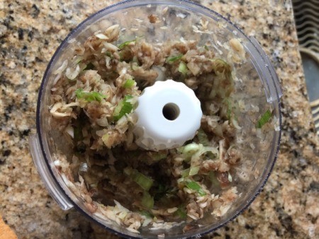 shrimp, green onions and mushrooms pulsed in food processor