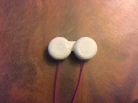 Contact Lens Case as Earbud Headphones Case - case with lids on and wires extending outside of bowls