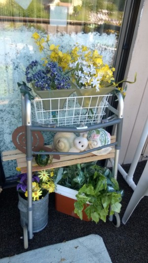 Repurposing an Old Walker - walker with lath strip shelf and decorations