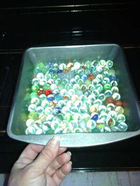 How to Make Crystallized Marbles - place pan of marbles into the oven for 20 minutes