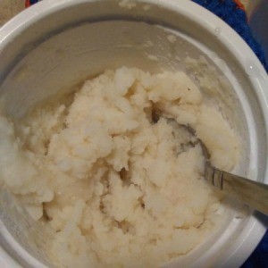 A bowl of instant mashed potatoes made with stock instead of water.