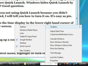 A computer screen showing how to use Window's Quick Launch options.