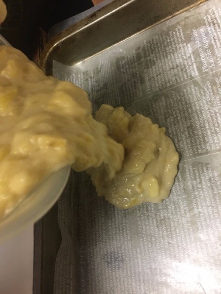 pouring batter in baking pan