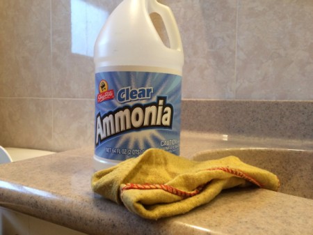 A bottle of ammonia and a cleaning rag in the bathroom.