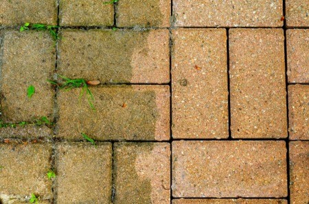 Red Brick Patio Cleaned on one side