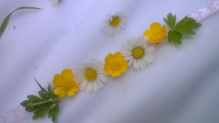 Wild Flower Wrist Corsage - flowers and leaves glued to ribbon
