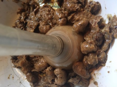 immersion blender in eggplant onions and garlic