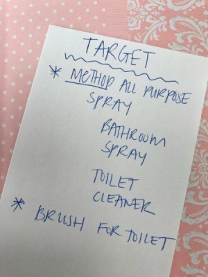 A shopping list written on a piece of paper.