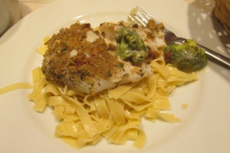 Broiled Haddock over Broccoli Alfredo Fettuccine on plate