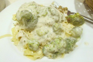 Broiled Haddock over Broccoli Alfredo Fettuccine