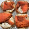 Bagels with cream cheese and smoked salmon.