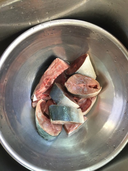 Fish chunks in bowl and Baby Back Ribs