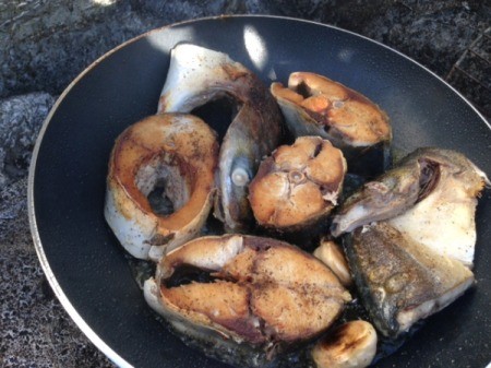 fish chunks cooked in pan