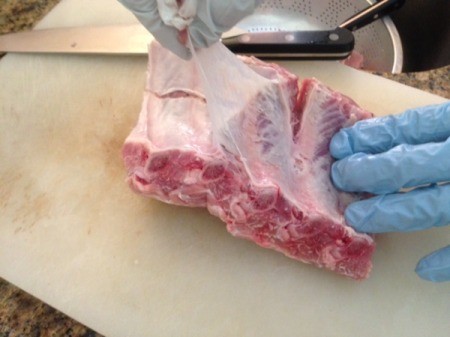 cutting membrane and fat off ribs