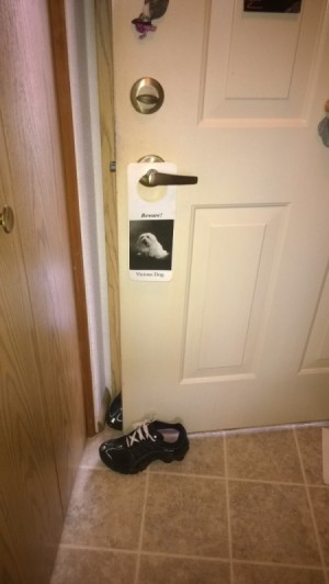 A pair of shoes bracing a door open.
