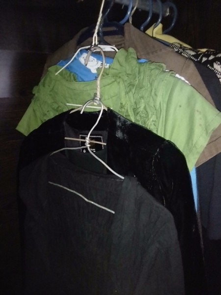 Reusing Can Pull Tabs for Expanding Hangers - two dresses hanging the space of one hanger on closet rod