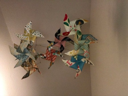 Handmade Pinwheel Mobile - view of hanging mobile from the underside