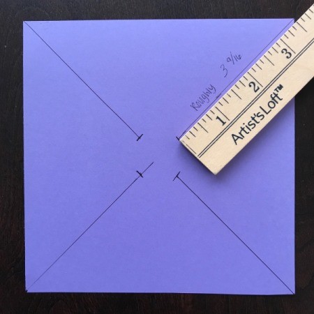 Handmade Pinwheel Mobile  - draw 3 9/16ths lines from each corner to center