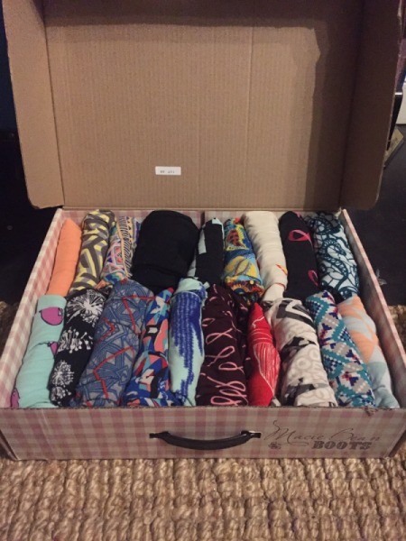 Store Leggings in a Shoe Box - rolled leggings stored in a large shoe box