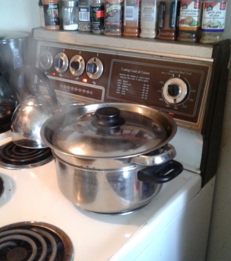 covered pan and colander steaming on stove.