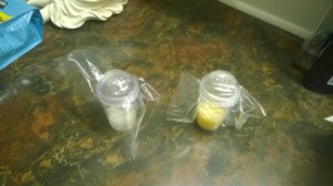 Homemade Small Toiletry Containers - two spice containers in plastic bags to protect against spills