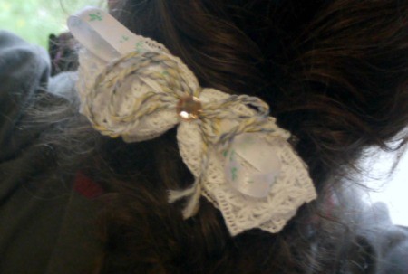 Shaggy Bow Hair Clip - closeup of clip in hair